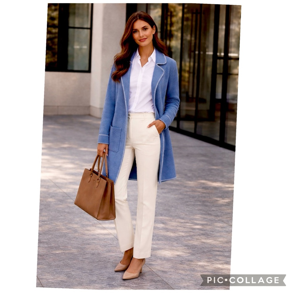 NWT Blue Longline Knit Blazer Cardigan Contrast Trim Office Chic Size M